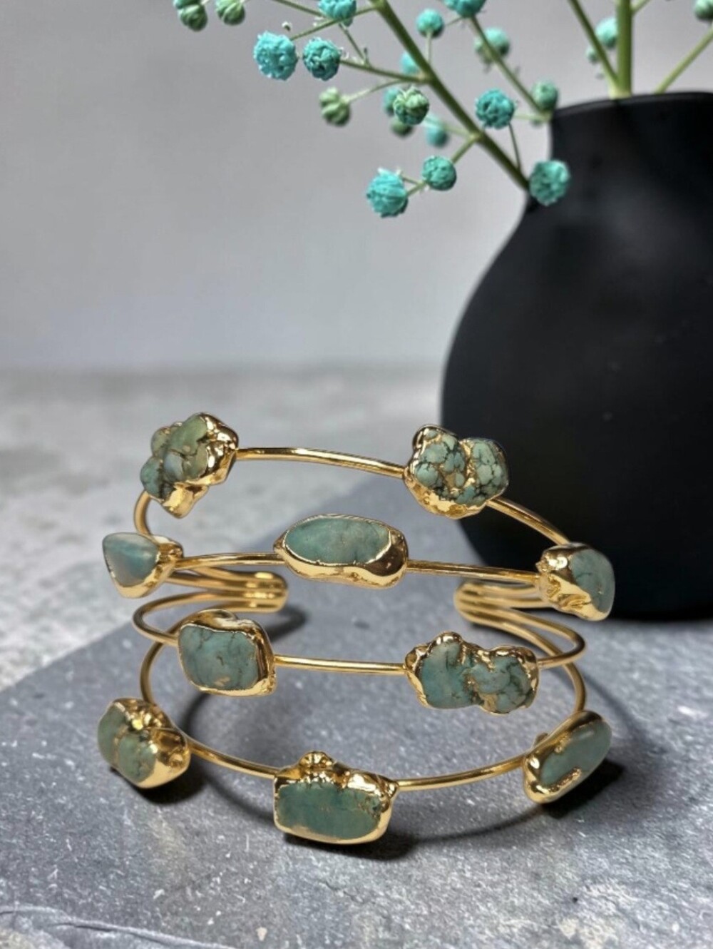 18k Gold Plated Genuine Persian Mohave Turquoise 10 Stone Cuff Bracelet